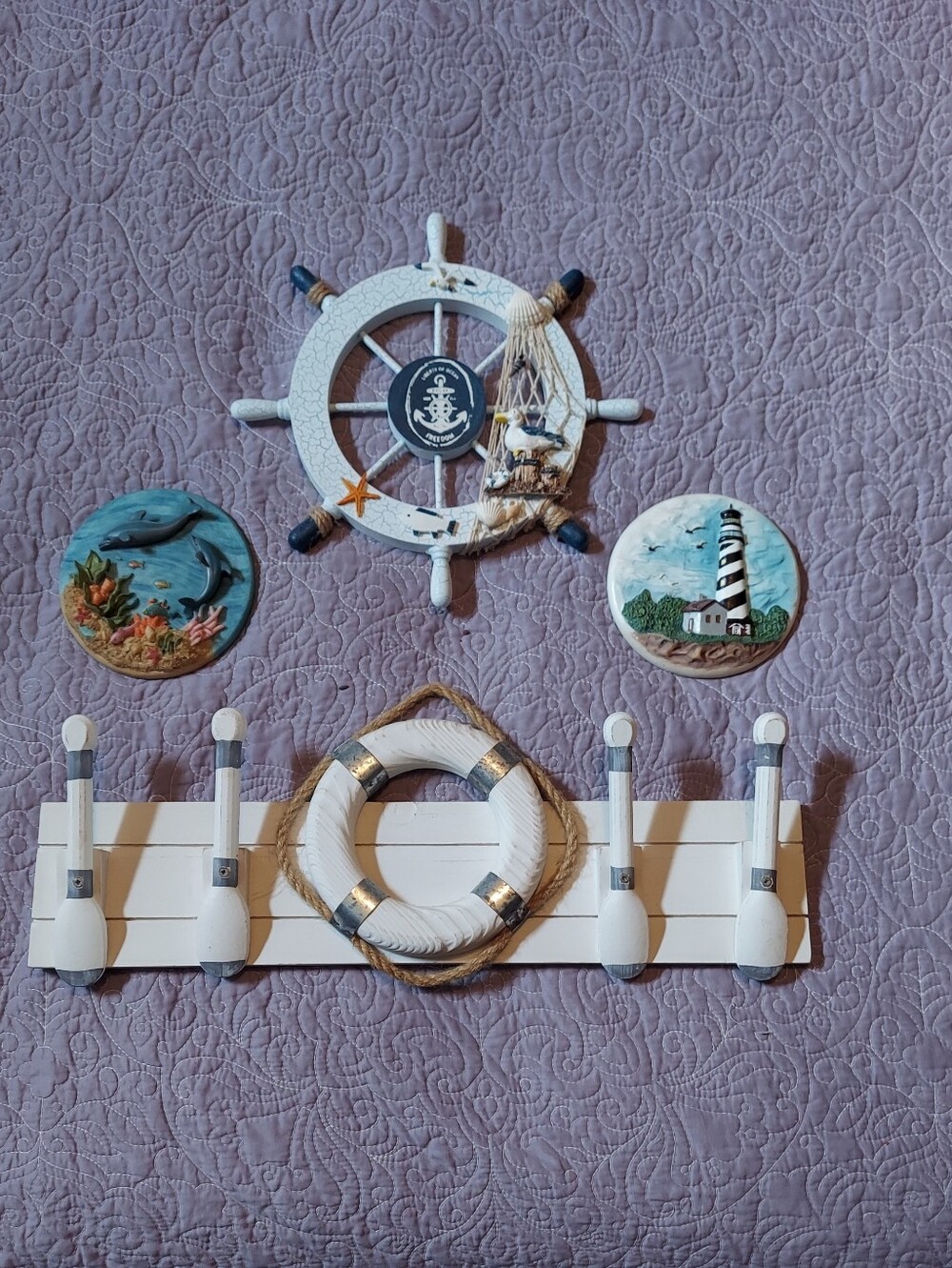 LIKE NEW 4 Pc.Nautical Set - Wall Rack W/ Life Ring, Ship Wheel & Marine Plaques